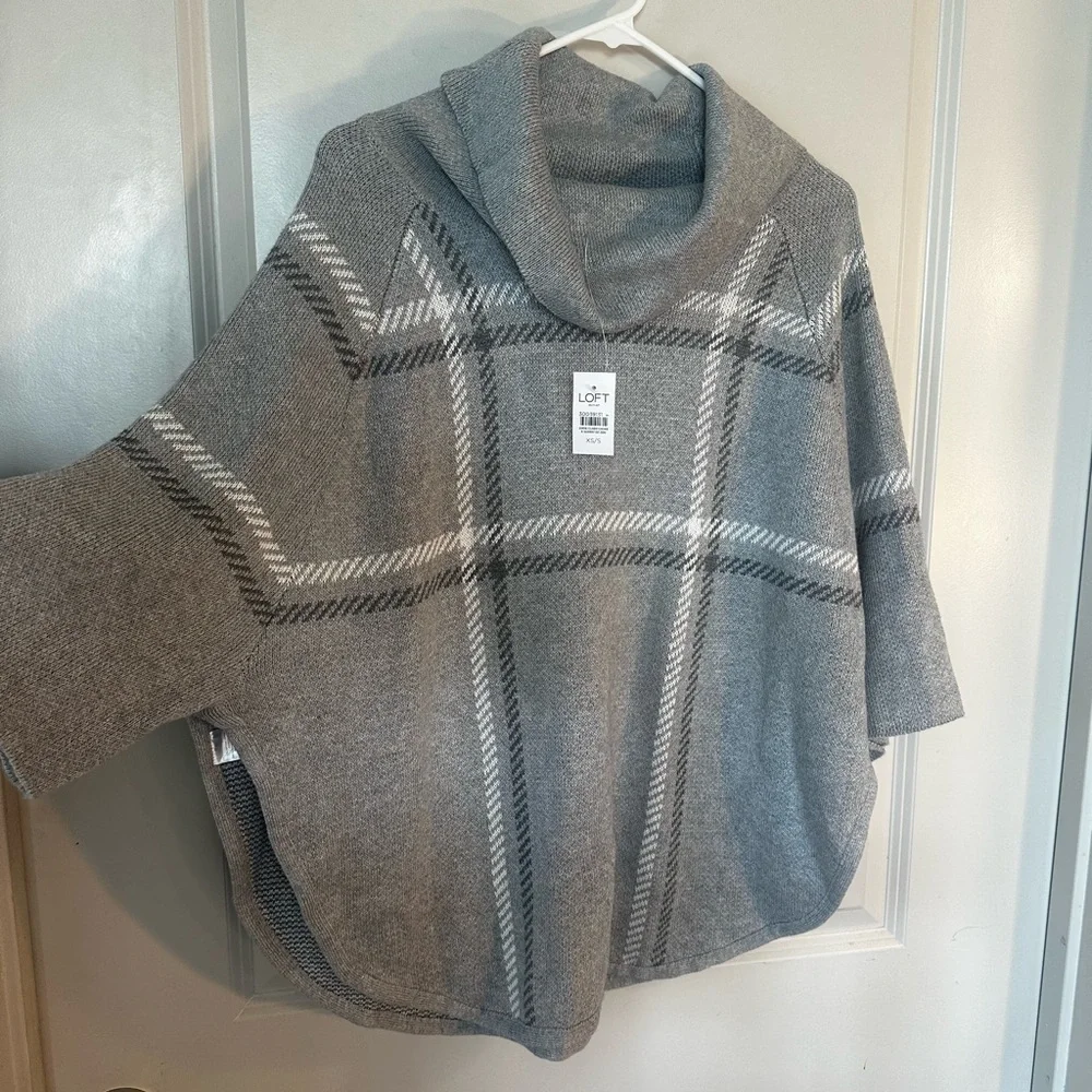 NEW Loft Grey Cotton Blend Plaid 3/4 Sleeve Cape Poncho Cowl Neck Sweater, XS/S